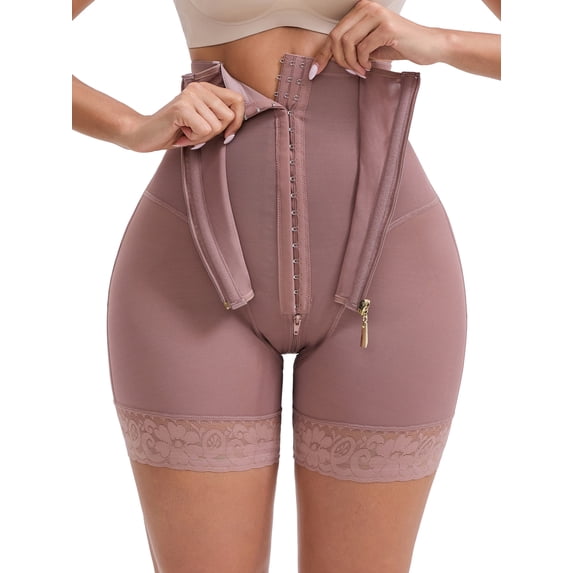 DARING DIVA High Rise Shorts Shapewear Lace Trim Zipper Hooks Closure L Dark Brown