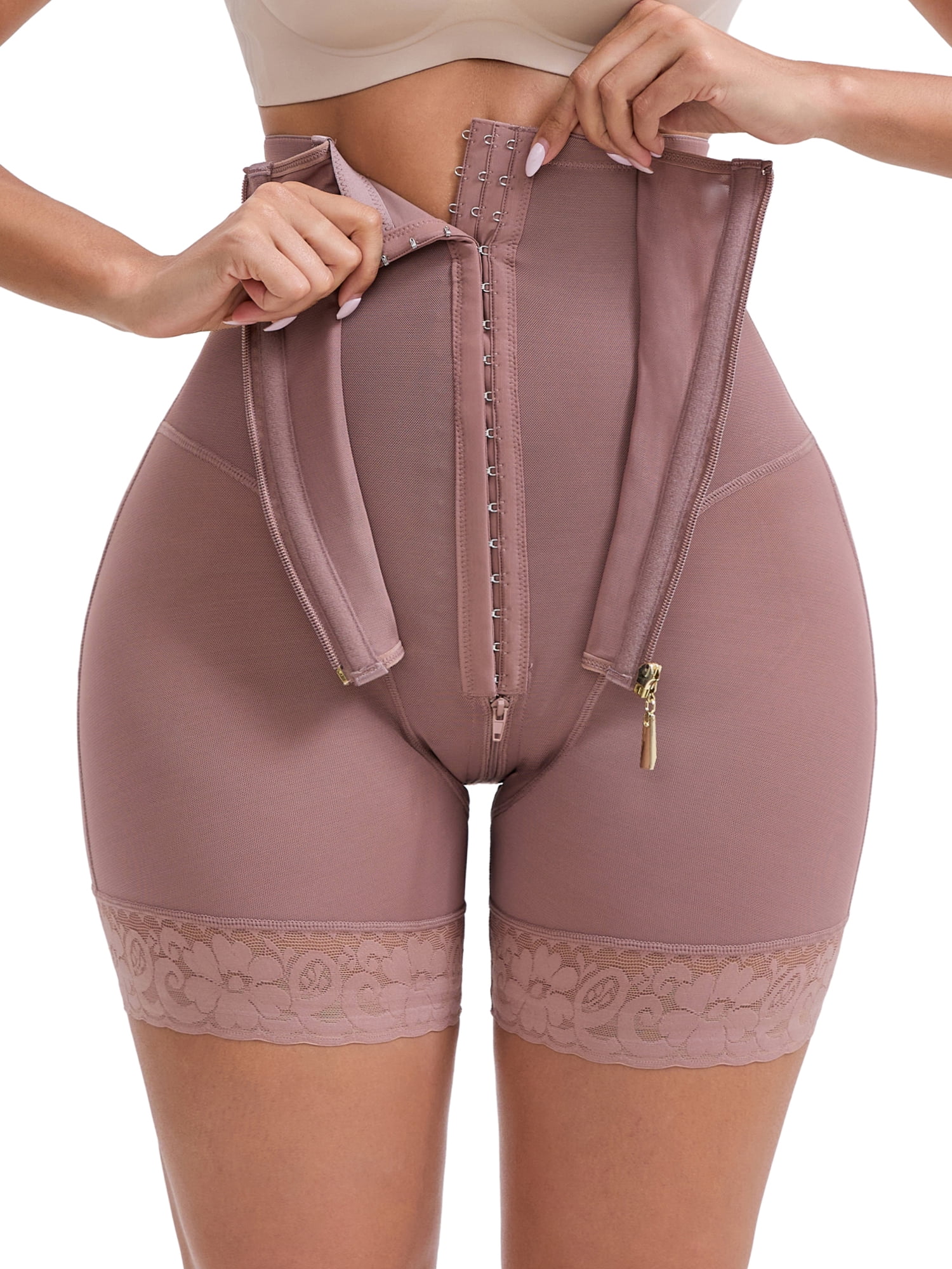 DARING DIVA High Rise Shorts Shapewear Lace Trim Zipper Hooks Closure S Dark Brown