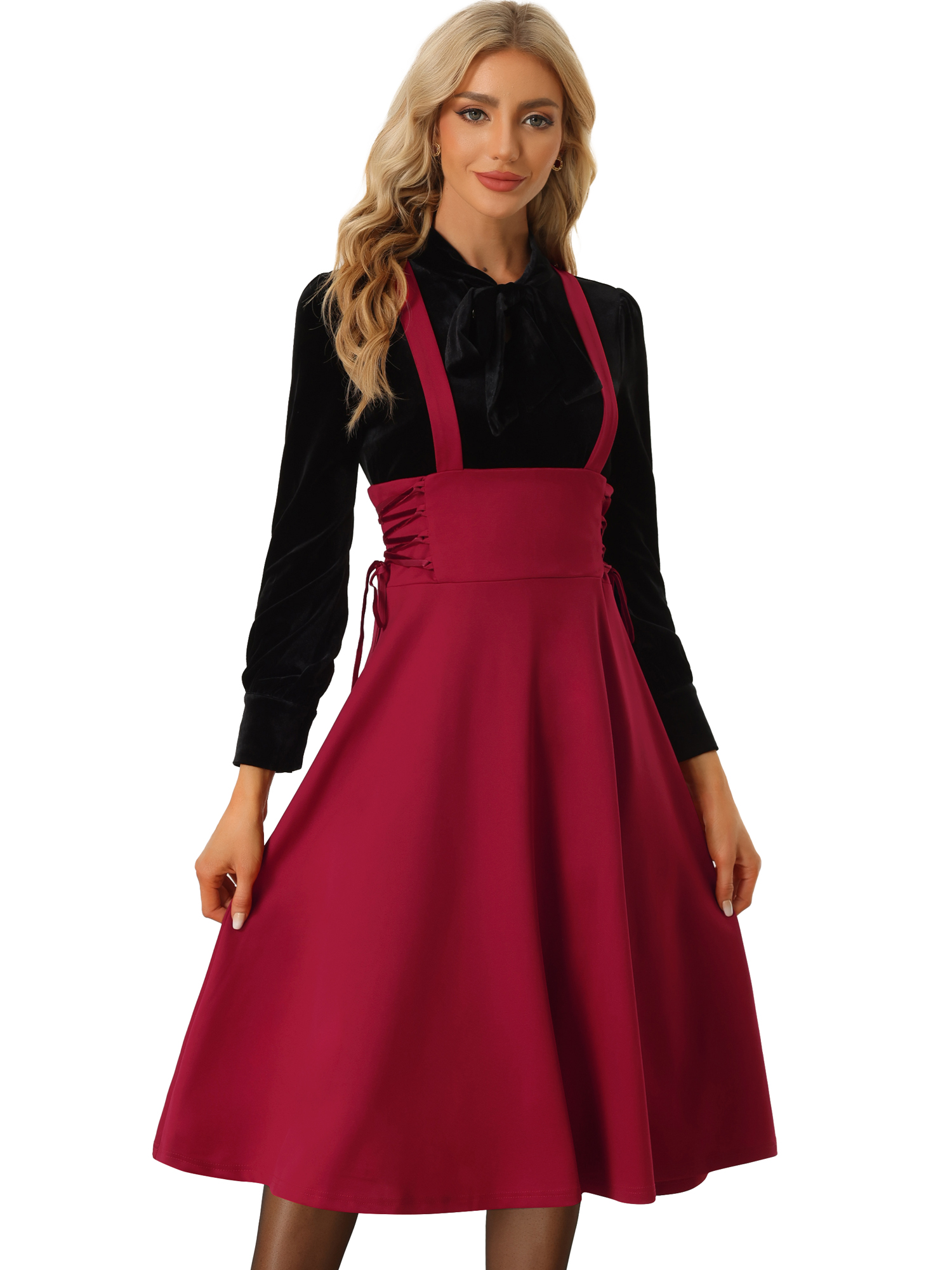 DARING DIVA High Waist Brace Skirts Lace Up Swing Midi Suspender Skirt M Red