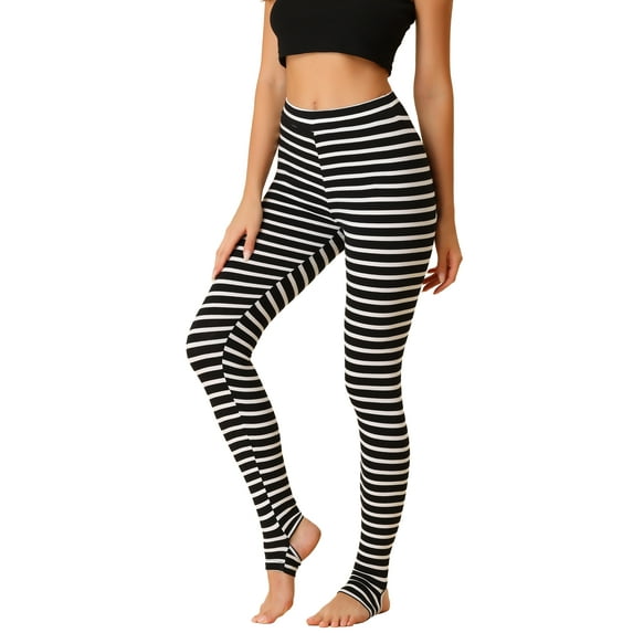 DARING DIVA High Waist Elastic Waistband Stirrup Pant L White Black-Color Stripe