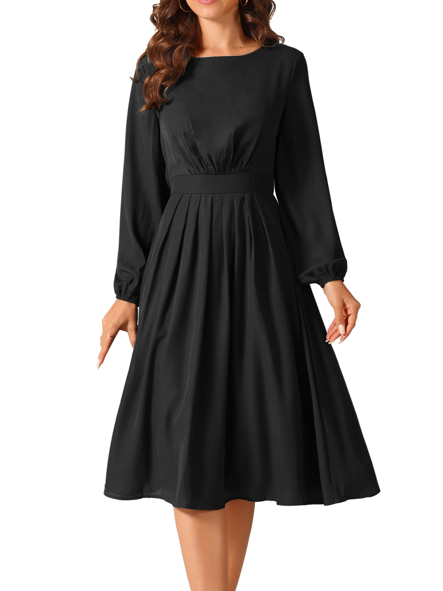 DARING DIVA High Waist Pleated Flowy Midi Long Sleeve Dress S Black