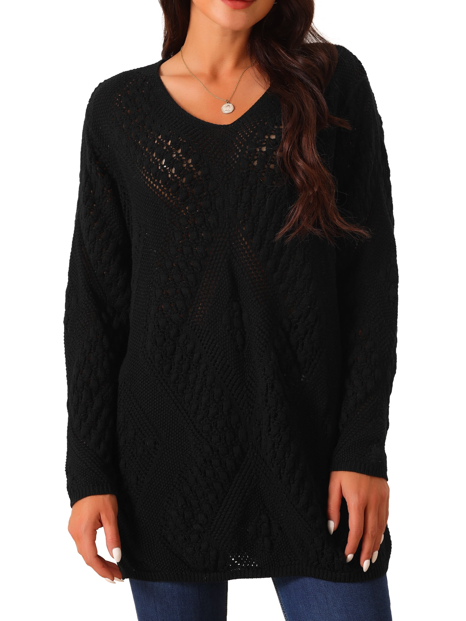 DARING DIVA Hollow Cable Knit Loose Casual Pullover Sweaters L Black
