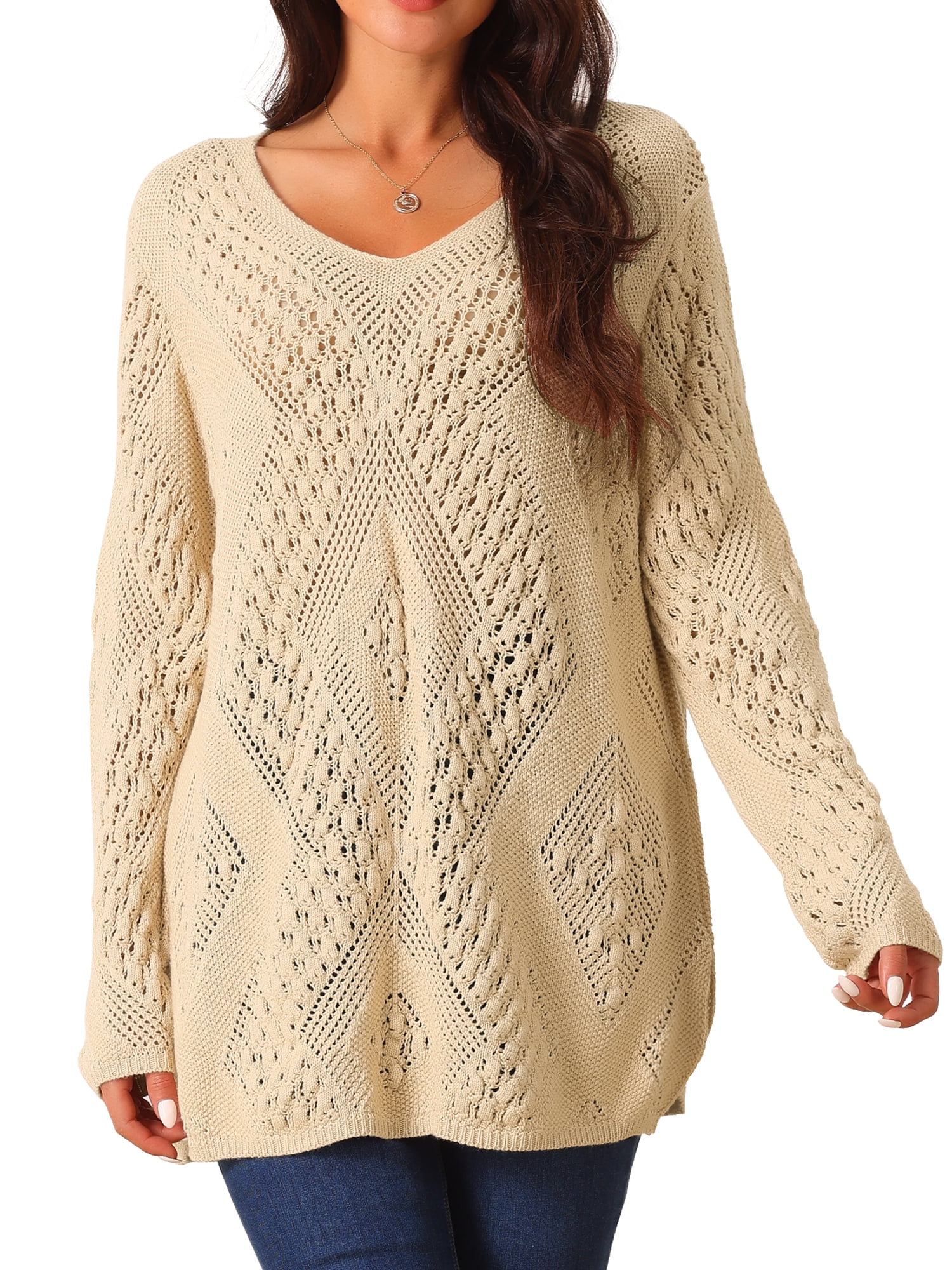 DARING DIVA Hollow Cable Knit Loose Casual Pullover Sweaters L Khaki
