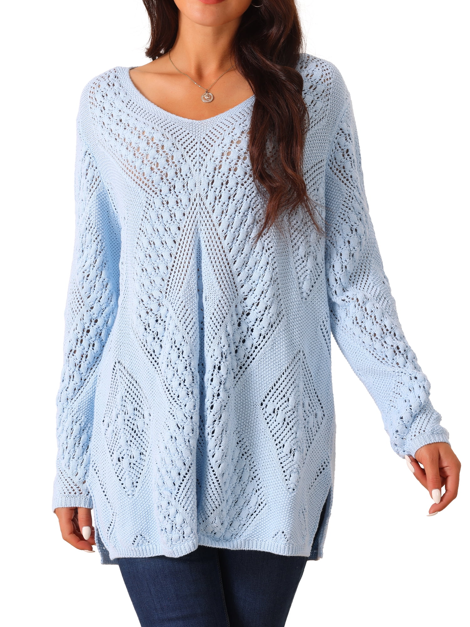 DARING DIVA Hollow Cable Knit Loose Casual Pullover Sweaters M Blue