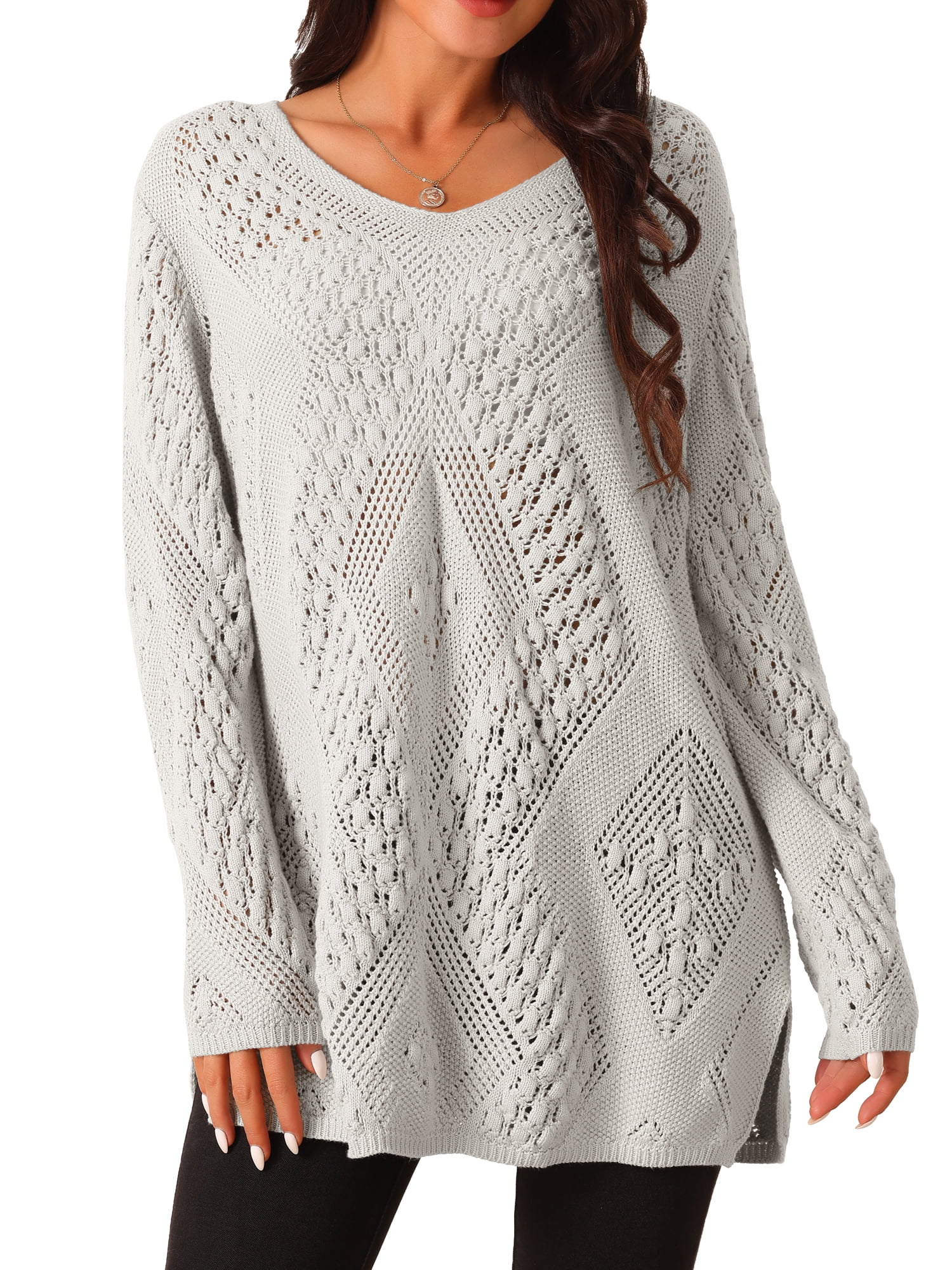 DARING DIVA Hollow Cable Knit Loose Casual Pullover Sweaters S Gray