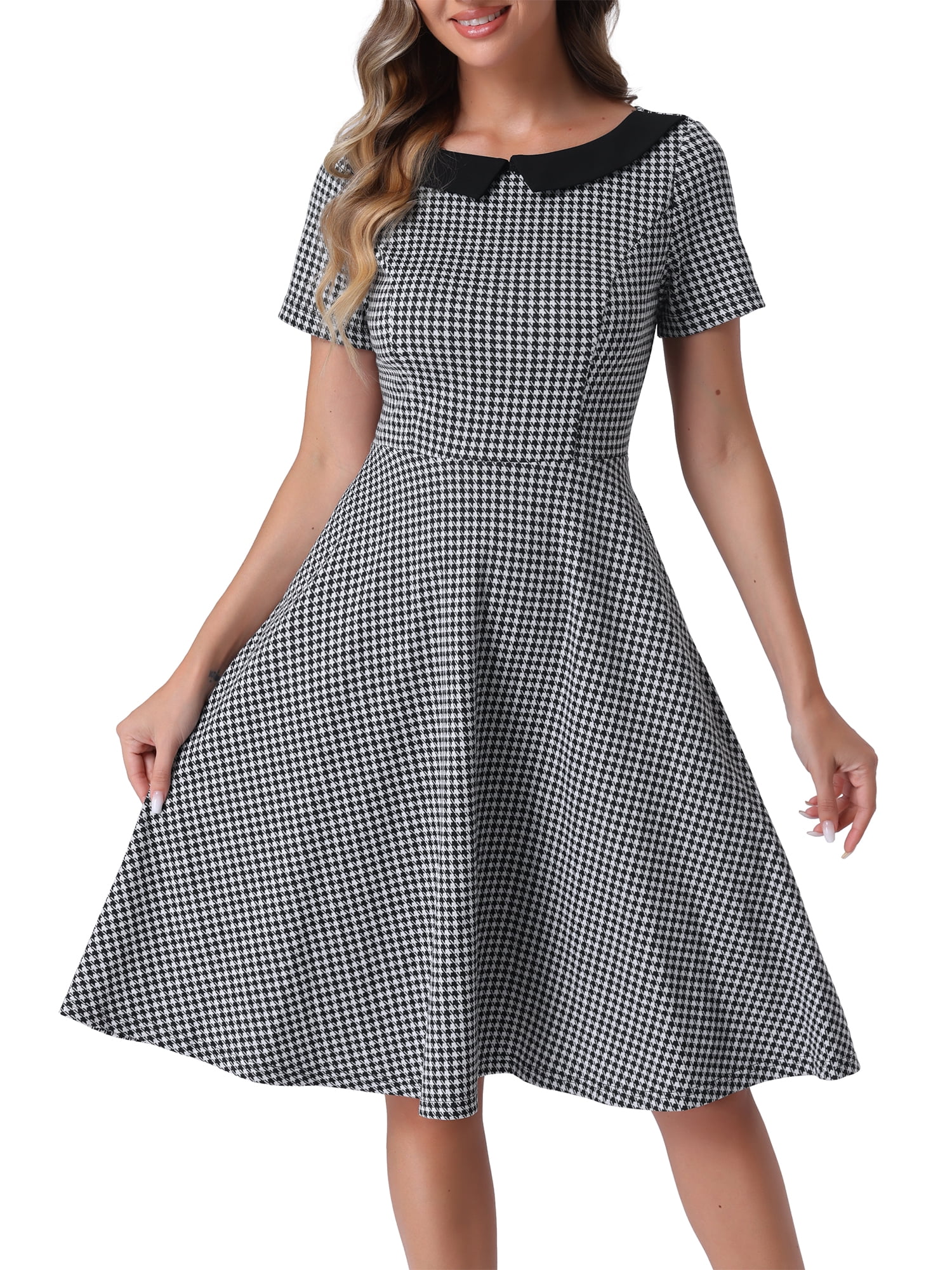 DARING DIVA Houndstooth Boat Neck Short Sleeve A-Line Dress XS Black