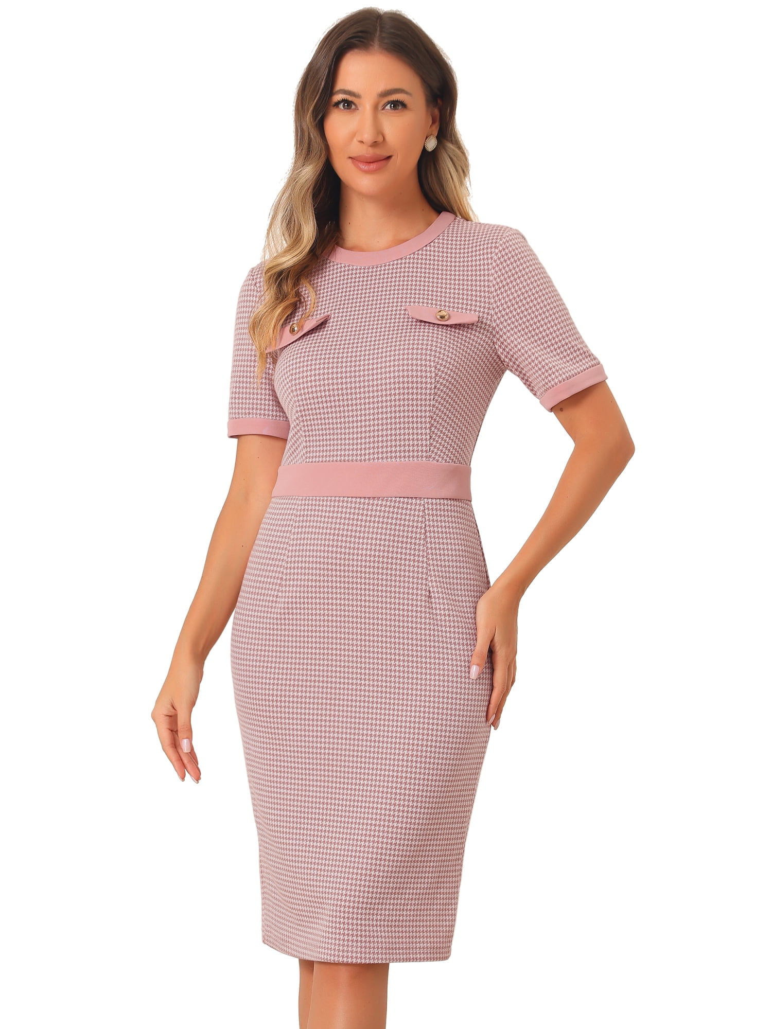 DARING DIVA Houndstooth Plaid Pencil Sheath Work Dress S Pink