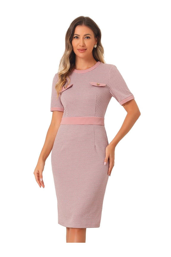 Houndstooth Plaid Pencil Sheath Work Dress S Pink