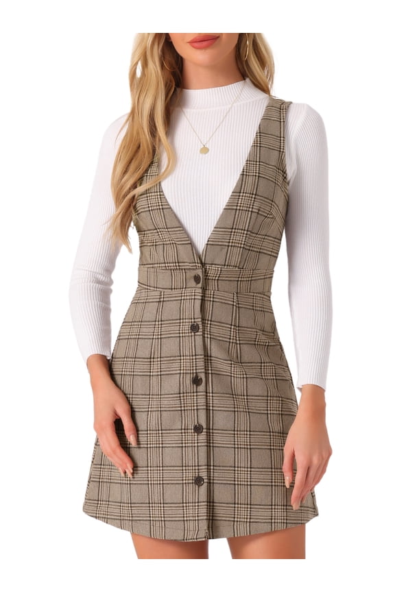 Houndstooth Plaid Suspenders Pinafore Overall Dress L Brown Check