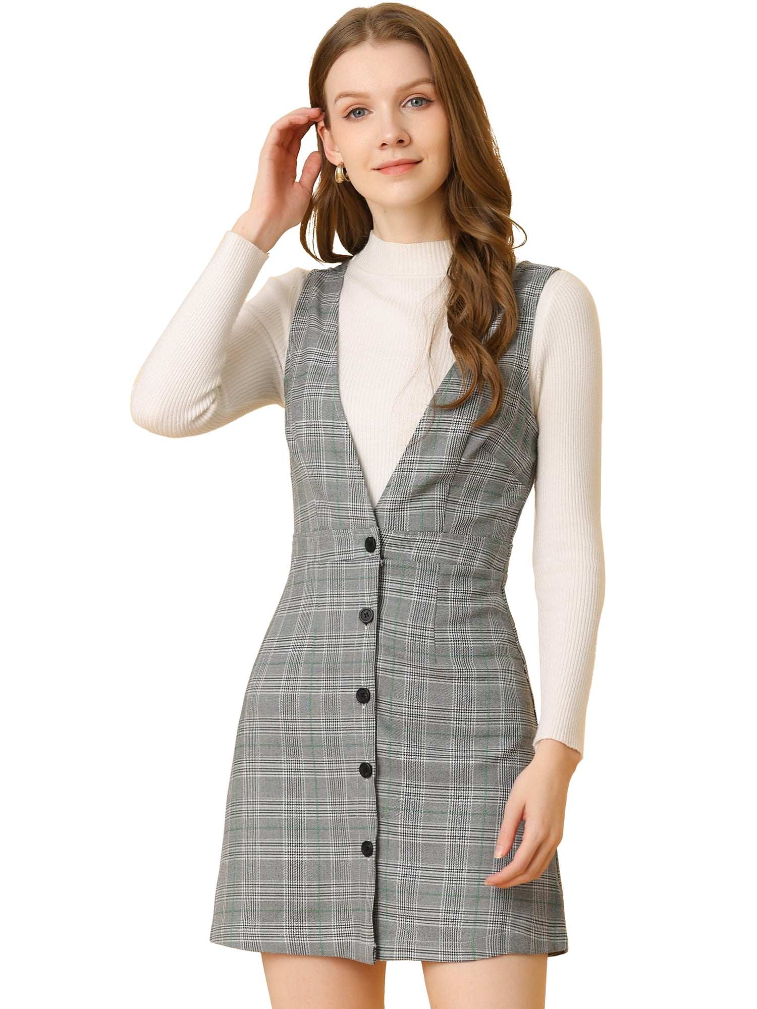 DARING DIVA Houndstooth Plaid Suspenders Pinafore Overall Dress M Black Green