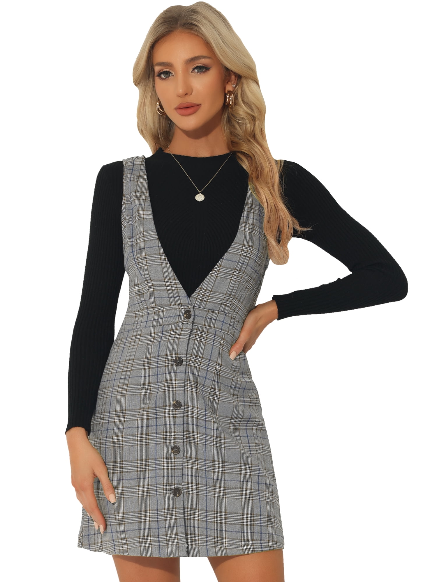 DARING DIVA Houndstooth Plaid Suspenders Pinafore Overall Dress M Black