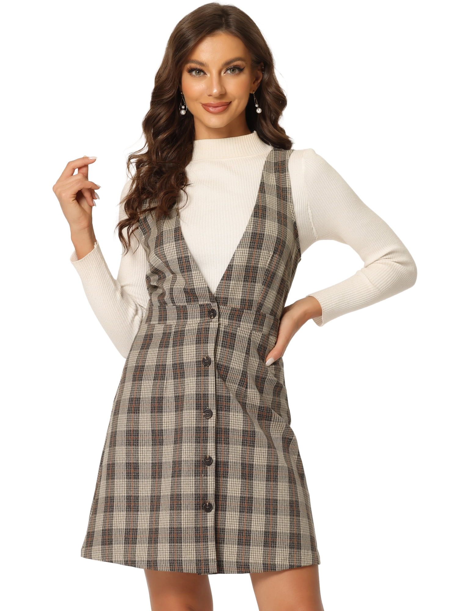 DARING DIVA Houndstooth Plaid Suspenders Pinafore Overall Dress M Brown Orange