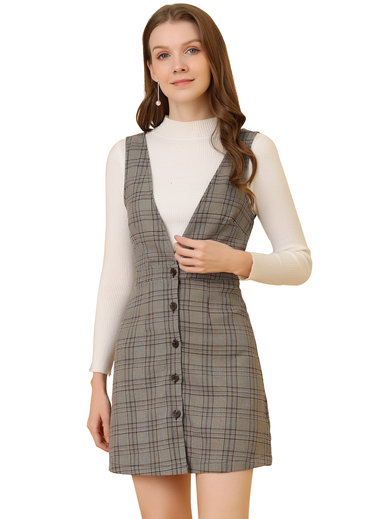 DARING DIVA Houndstooth Plaid Suspenders Pinafore Overall Dress S Brown Black