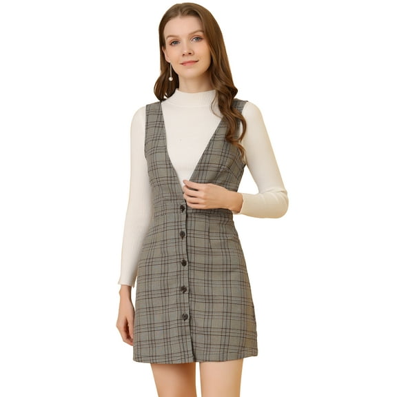 DARING DIVA Houndstooth Plaid Suspenders Pinafore Overall Dress S Brown Black