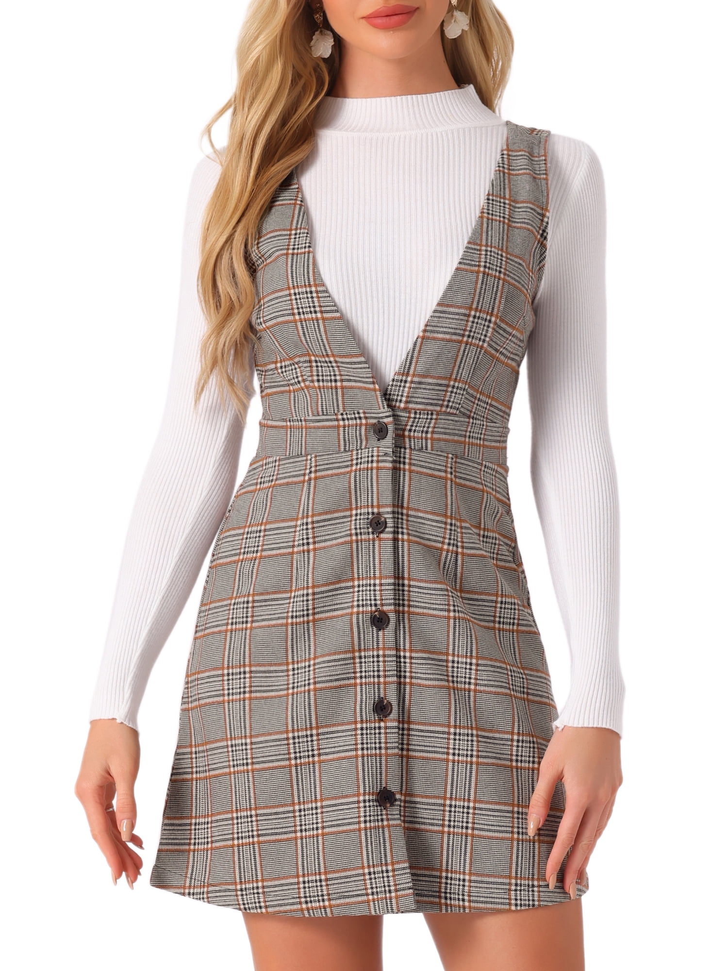 DARING DIVA Houndstooth Plaid Suspenders Pinafore Overall Dress S Gray Brown