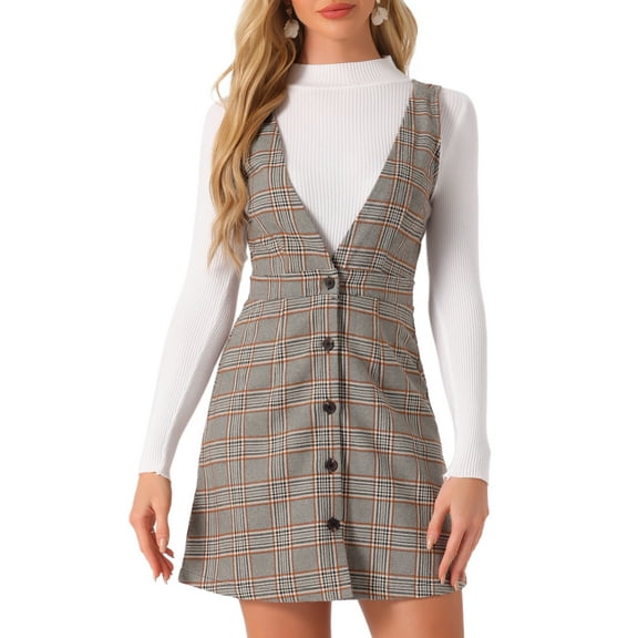 DARING DIVA Houndstooth Plaid Suspenders Pinafore Overall Dress S Gray Brown