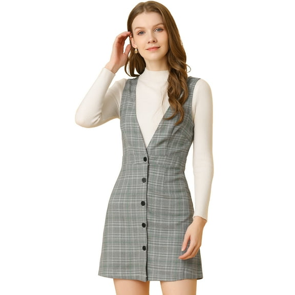 DARING DIVA Houndstooth Plaid Suspenders Pinafore Overall Dress XL Black Green