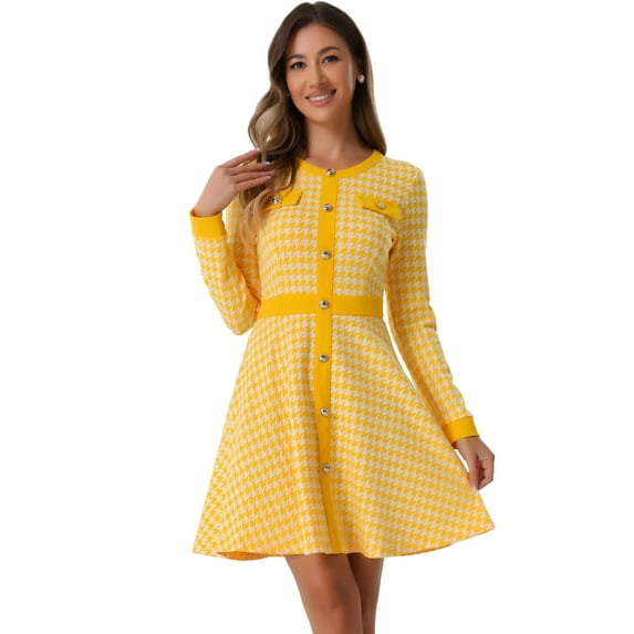 DARING DIVA Houndstooth Round Neck A-Line Elegant Plaid Dress L Yellow