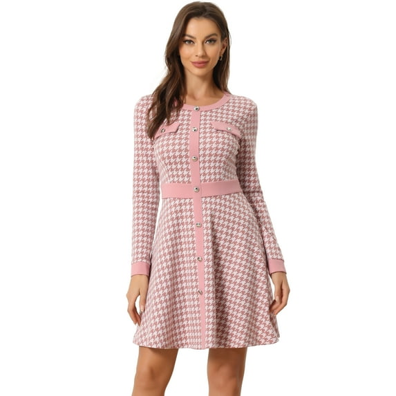 DARING DIVA Houndstooth Round Neck A-Line Elegant Plaid Dress M Pink