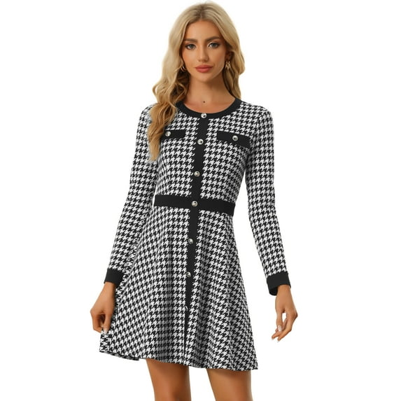 DARING DIVA Houndstooth Round Neck A-Line Elegant Plaid Dress XS Black
