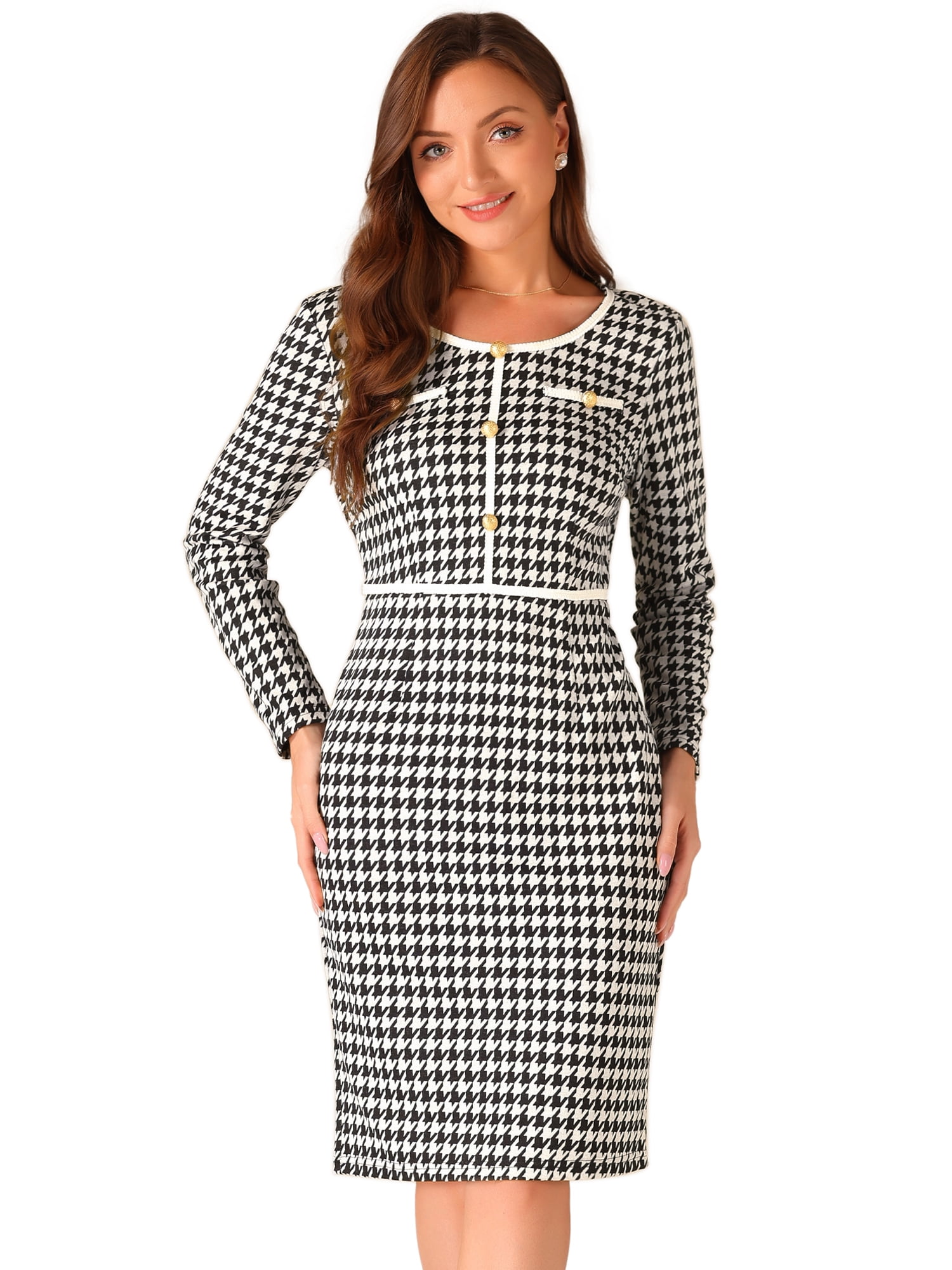 DARING DIVA Houndstooth Round Neck Plaid Sheath Dress M Black