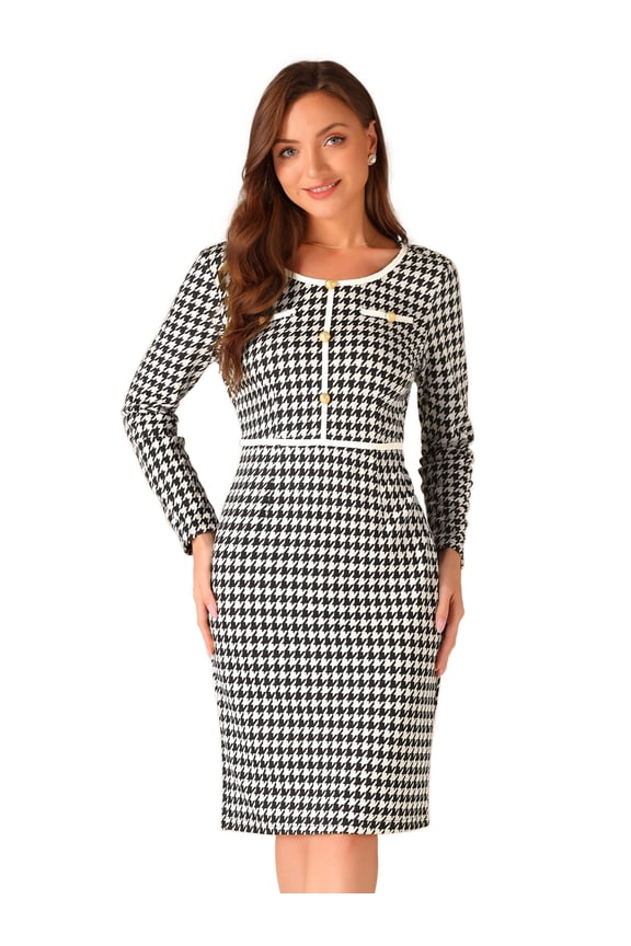 Houndstooth Round Neck Plaid Sheath Dress XS Black