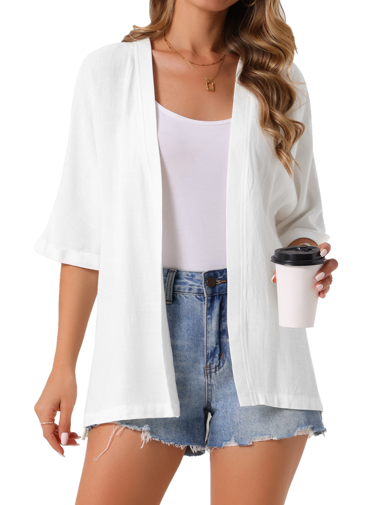 DARING DIVA Kimono Cardigan Open Front Loose Fit Linen Lightweight Shrug M White