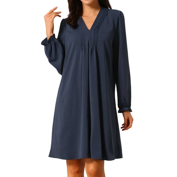 DARING DIVA Knee Length Long Sleeve V Neck Pleated Flowy Loose Dress M Dark Blue