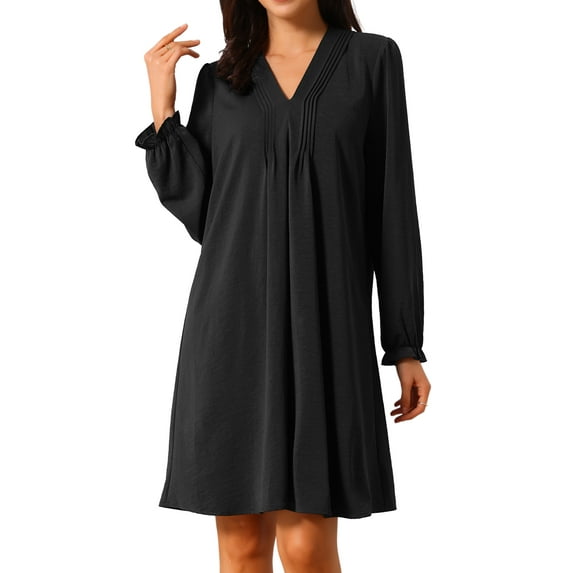 DARING DIVA Knee Length Long Sleeve V Neck Pleated Flowy Loose Dress S Black
