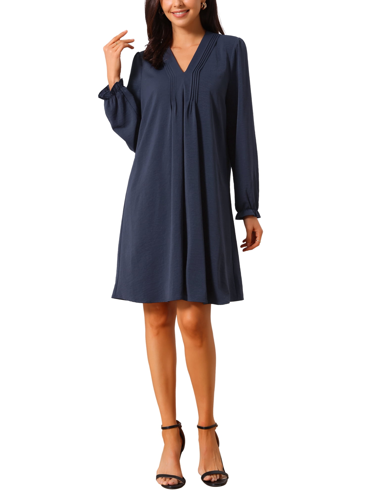 DARING DIVA Women's Casual Knee Length V Neck Pleated Flowy Shirt Dress S Dark Blue