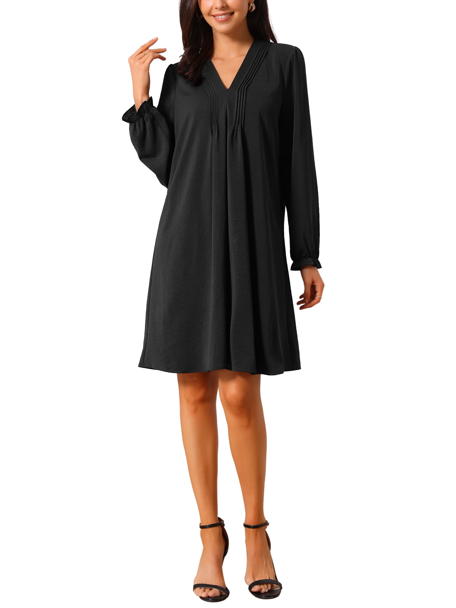 DARING DIVA Women's Casual Knee Length V Neck Pleated Flowy Shirt Dress XL Black