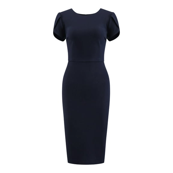 DARING DIVA Knee Length Pencil Petal Short Sleeve Sheath Dress S Navy Blue