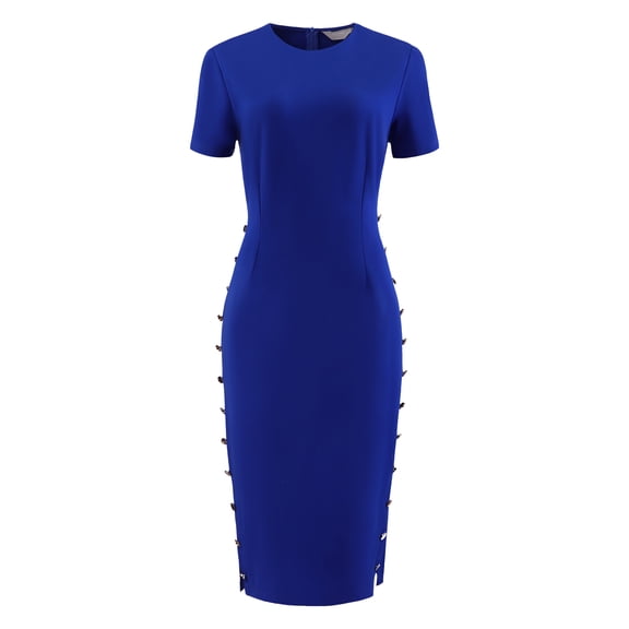 DARING DIVA Knee Length Short Sleeve Button Decor Bodycon Dress 2XL Royal Blue