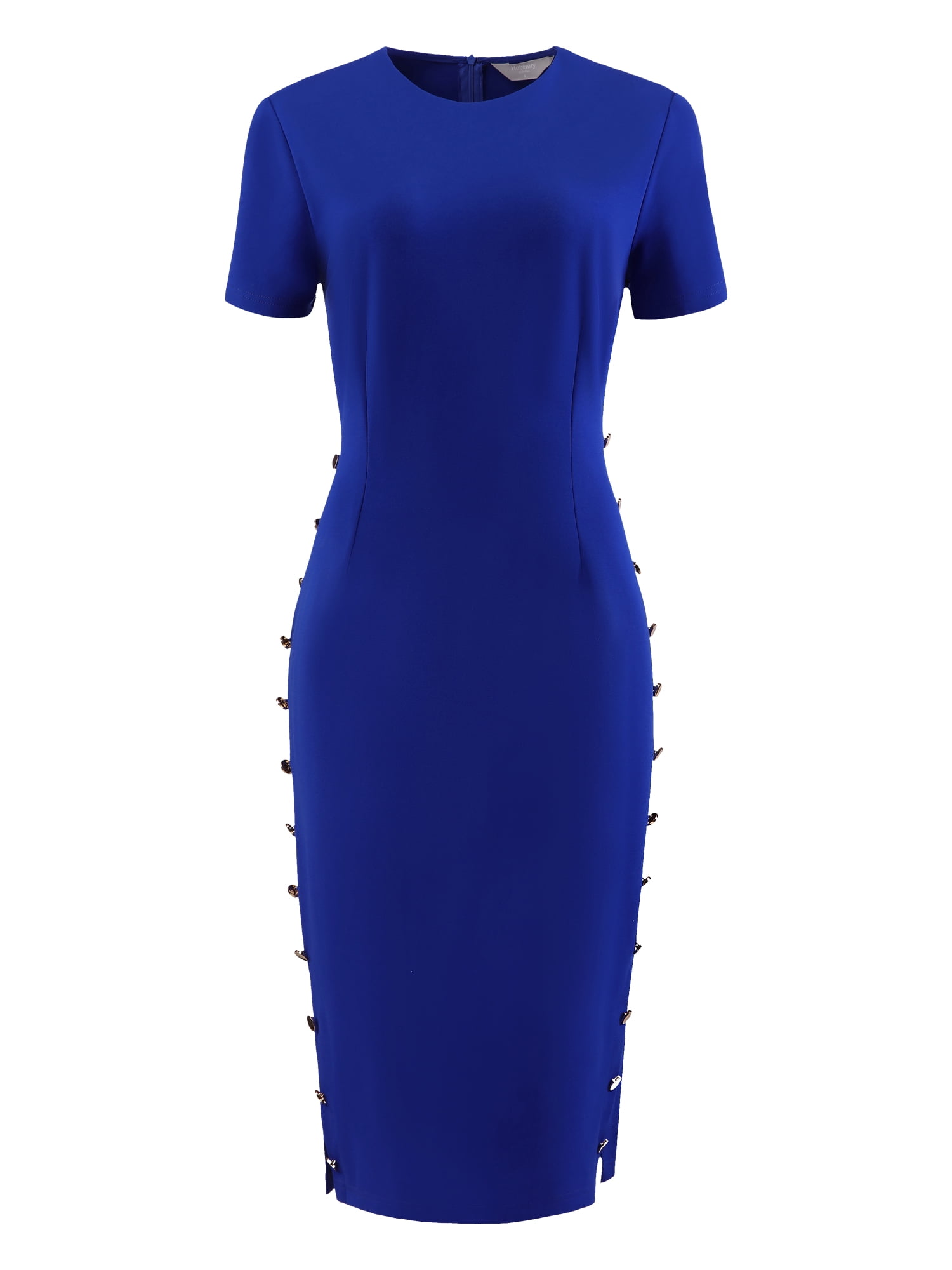 DARING DIVA Knee Length Short Sleeve Button Decor Bodycon Dress M Royal Blue