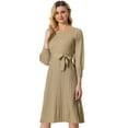 thumbnail image 1 of DARING DIVA Knit Belted Crew Neck Lantern Sleeves Pleated Sweater Dresse L Khaki, 1 of 6