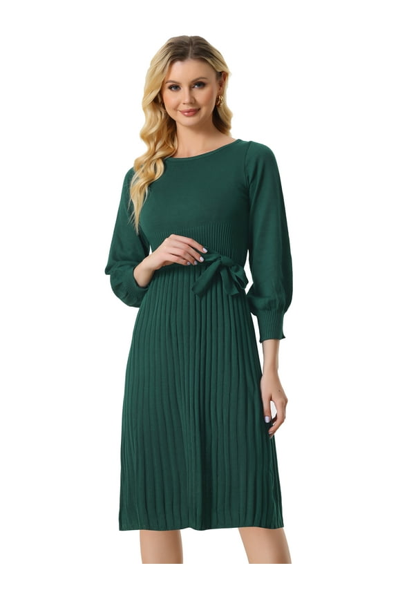 Knit Belted Crew Neck Lantern Sleeves Pleated Sweater Dresse M Green