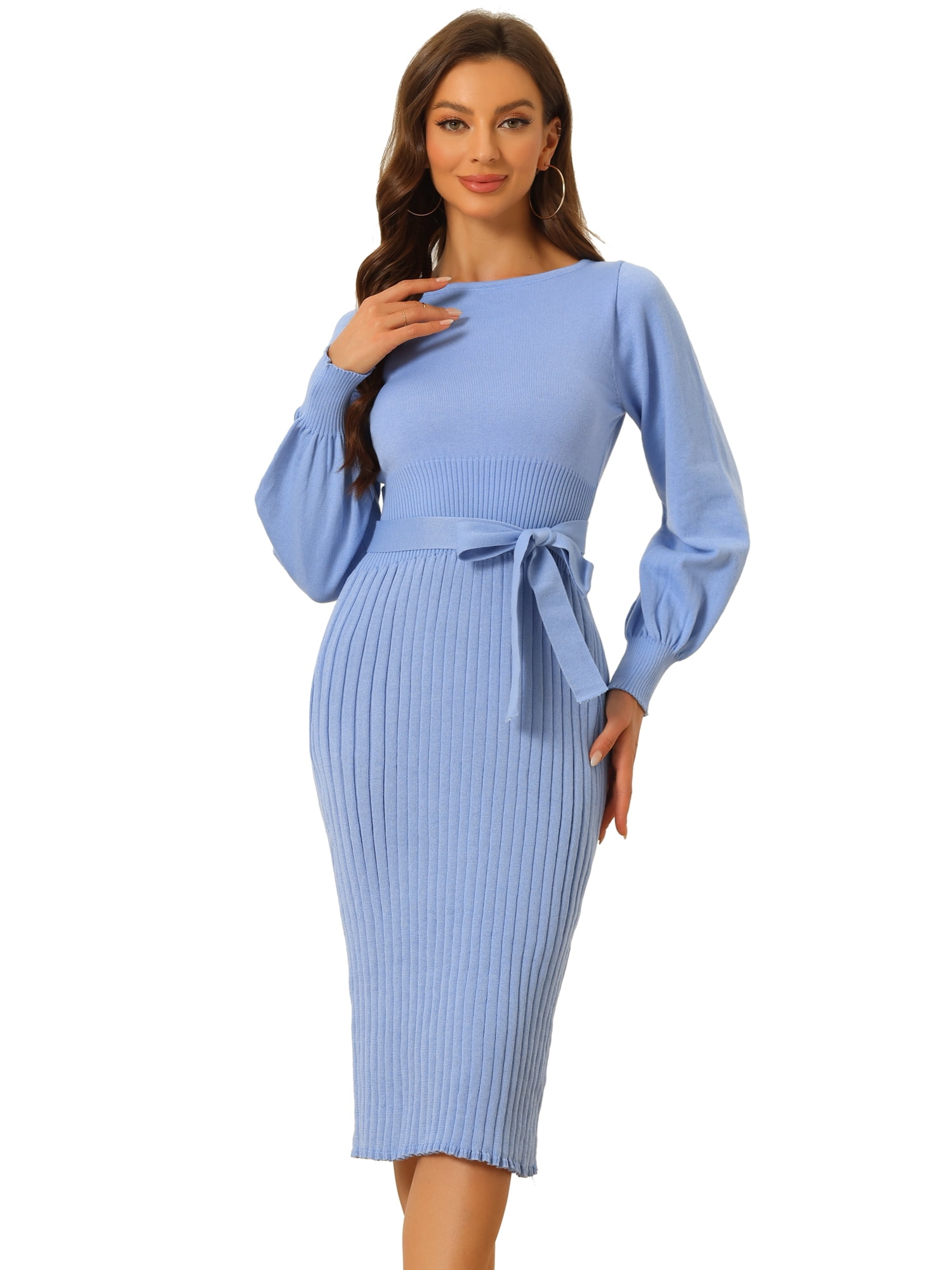 DARING DIVA Knit Belted Crew Neck Lantern Sleeves Pleated Sweater Dresse XS Haze Blue