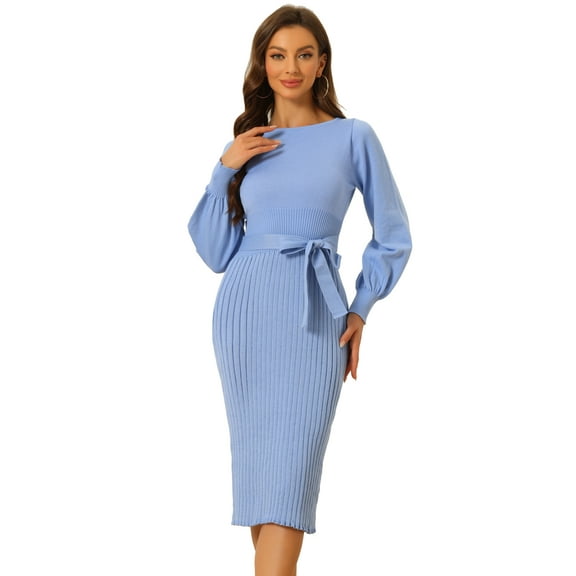 DARING DIVA Knit Belted Crew Neck Lantern Sleeves Pleated Sweater Dresse XS Haze Blue
