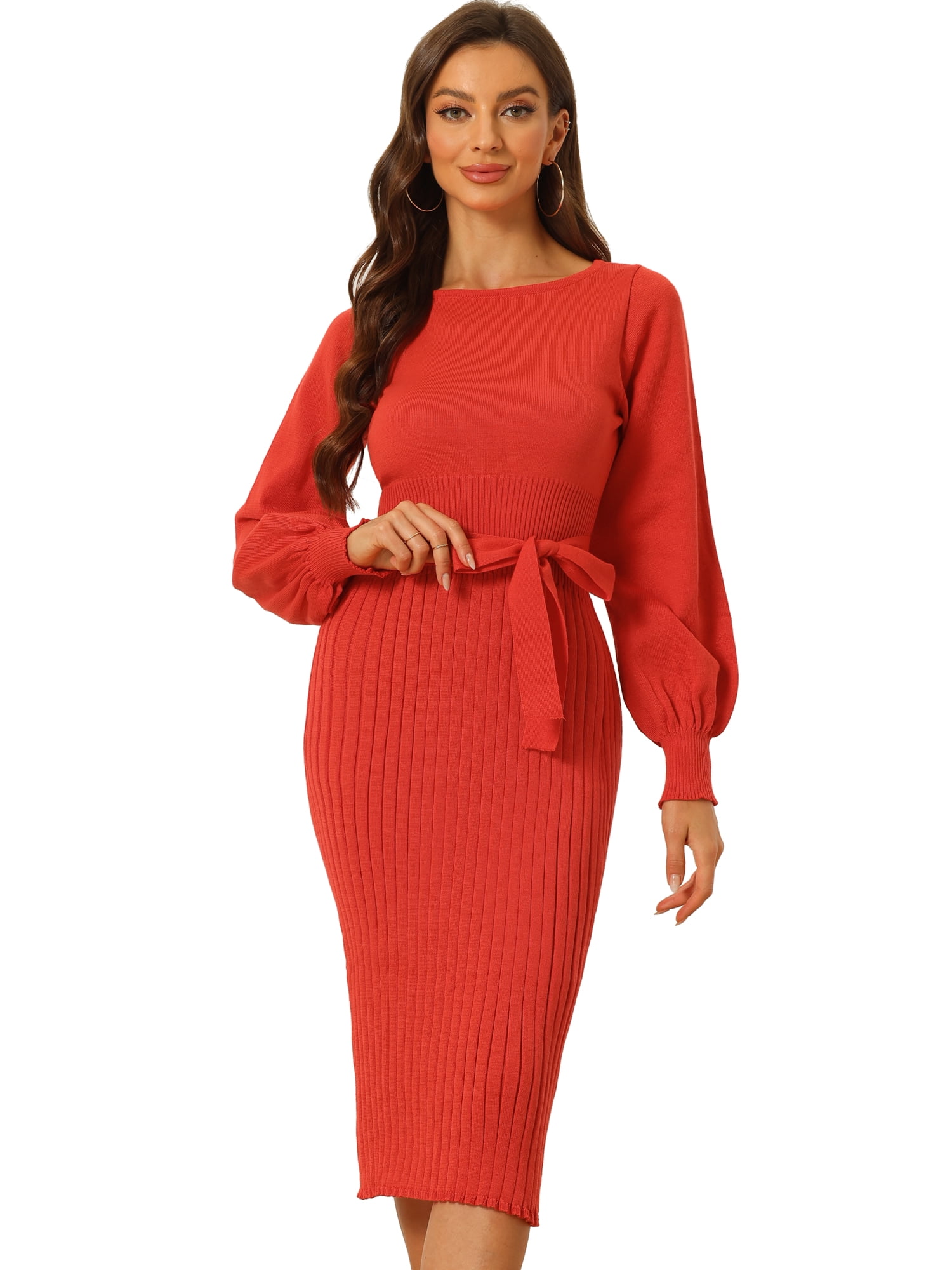 DARING DIVA Knit Belted Crew Neck Lantern Sleeves Pleated Sweater Dresse XS Orange Red