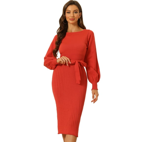 DARING DIVA Knit Belted Crew Neck Lantern Sleeves Pleated Sweater Dresse XS Orange Red