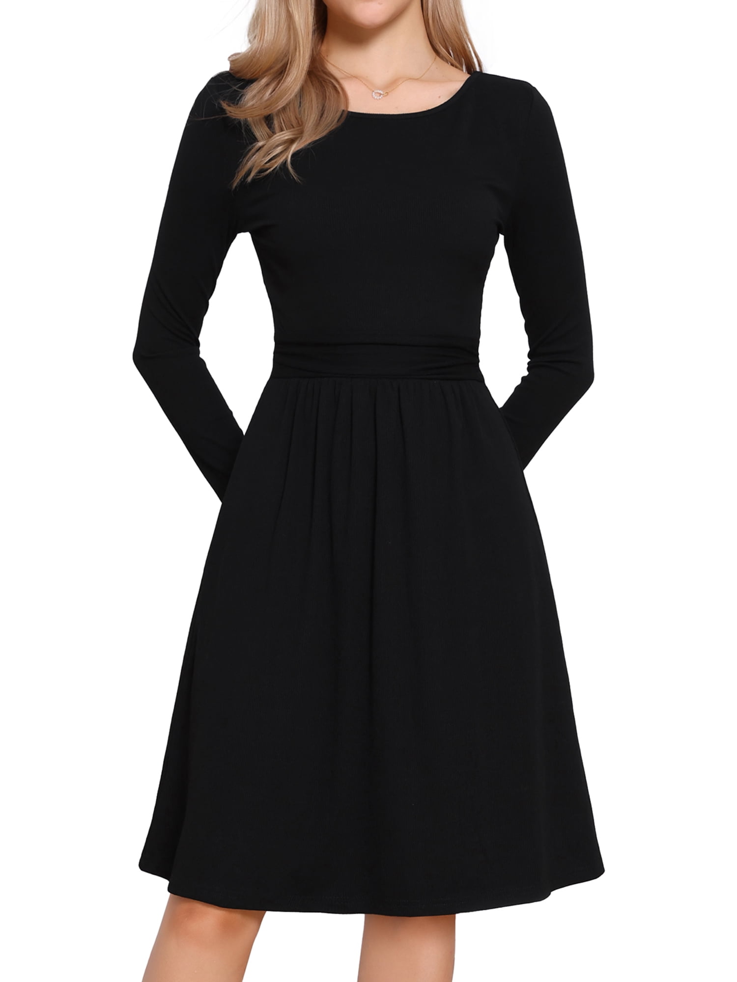 DARING DIVA Women's Knit Long Sleeve Crew Neck High Waist A-Line Dress L Black