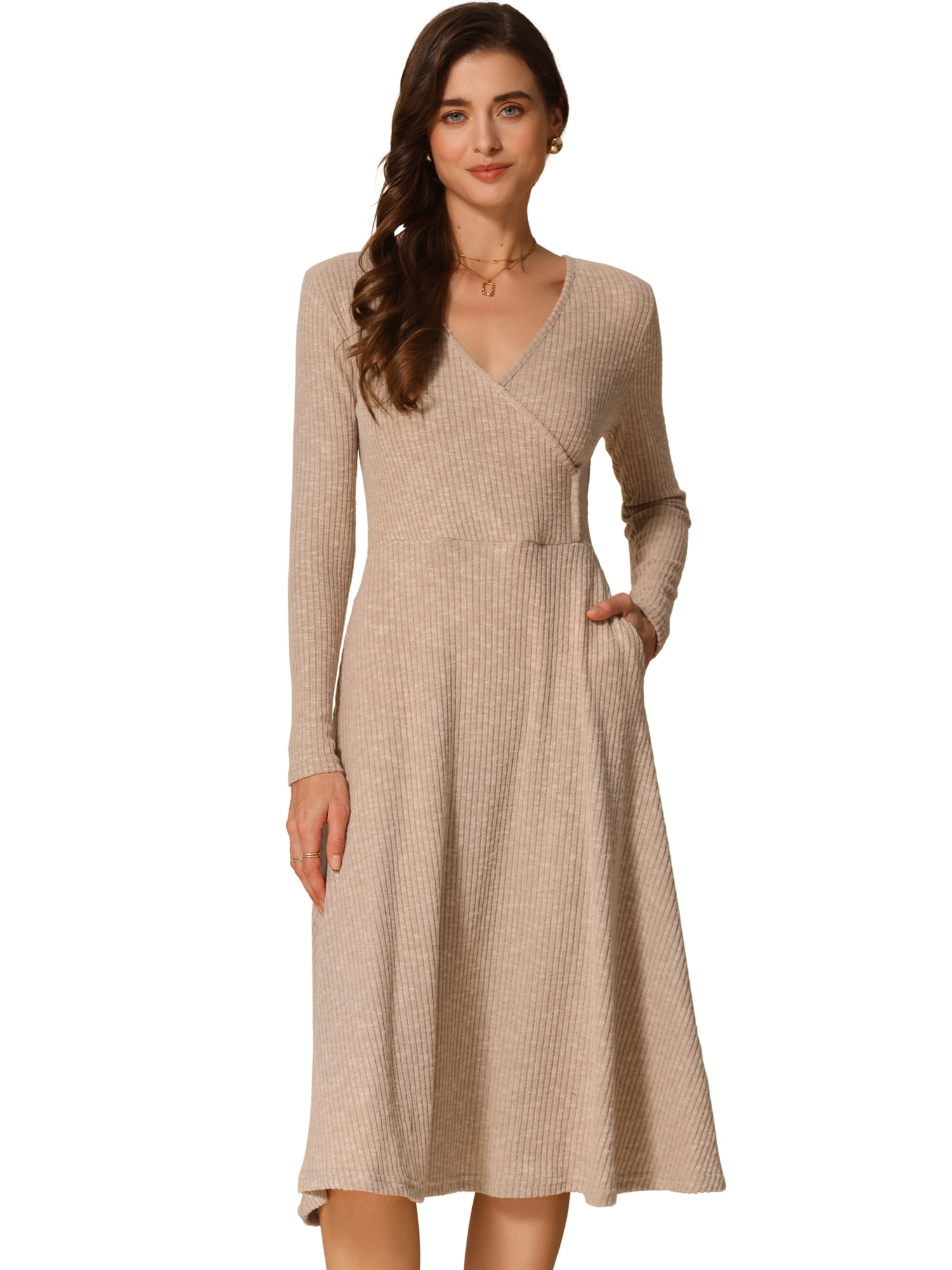 DARING DIVA Knit Ribbed Midi Deep V Wrap A-Line Dress L Khaki