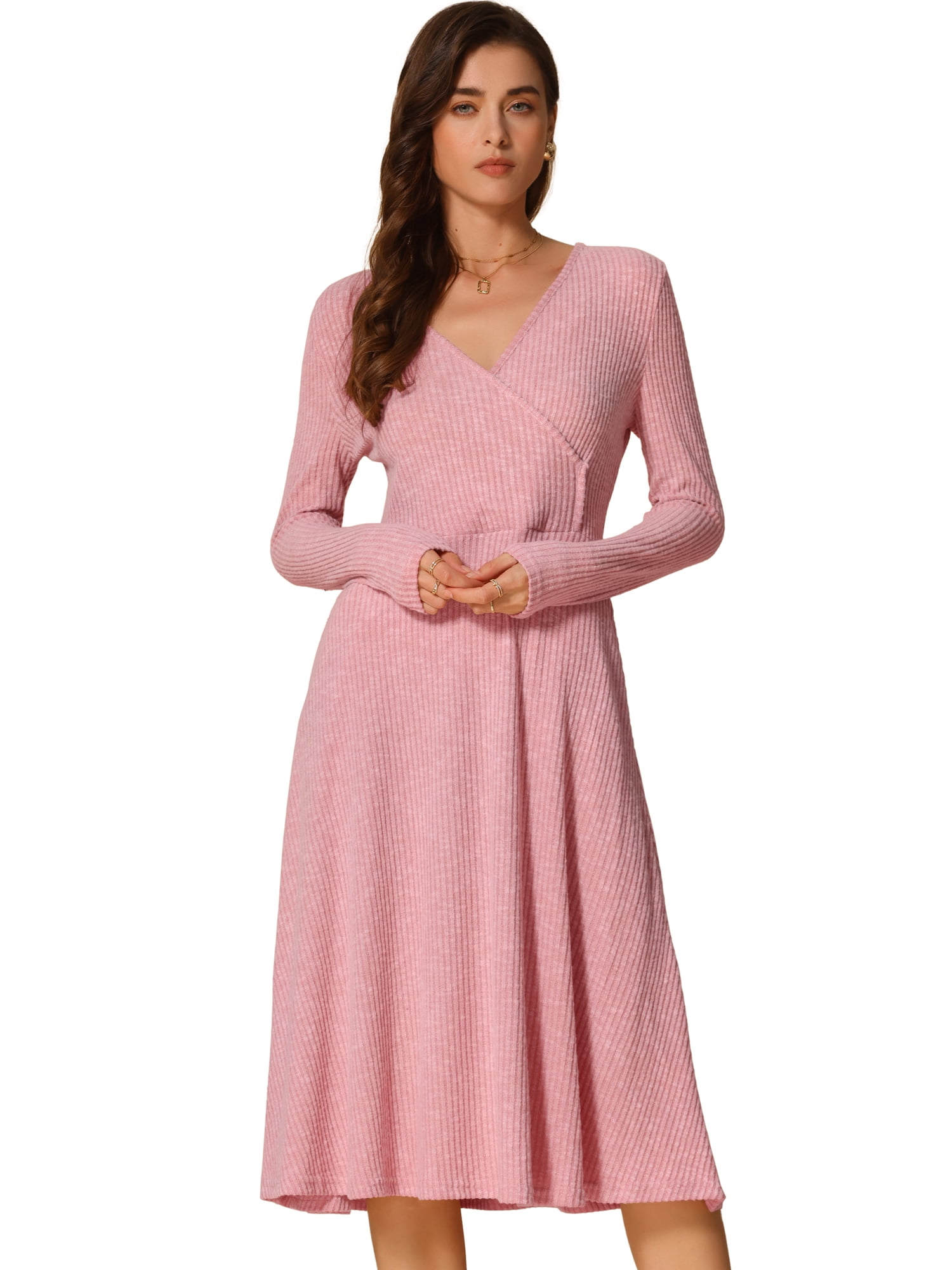 DARING DIVA Knit Ribbed Midi Deep V Wrap A-Line Dress M Pink