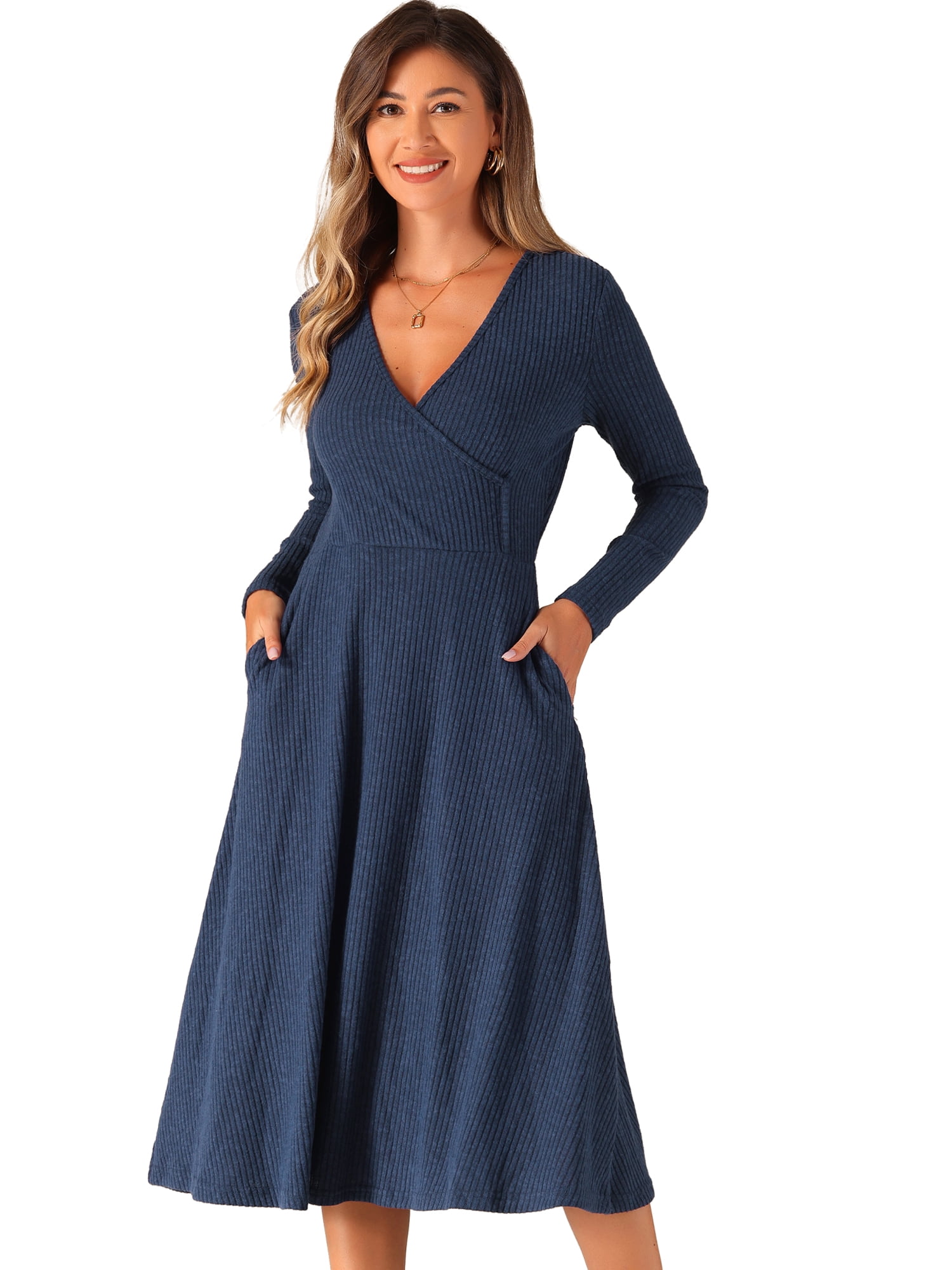 DARING DIVA Knit Ribbed Midi Deep V Wrap A-Line Dress S Navy Blue