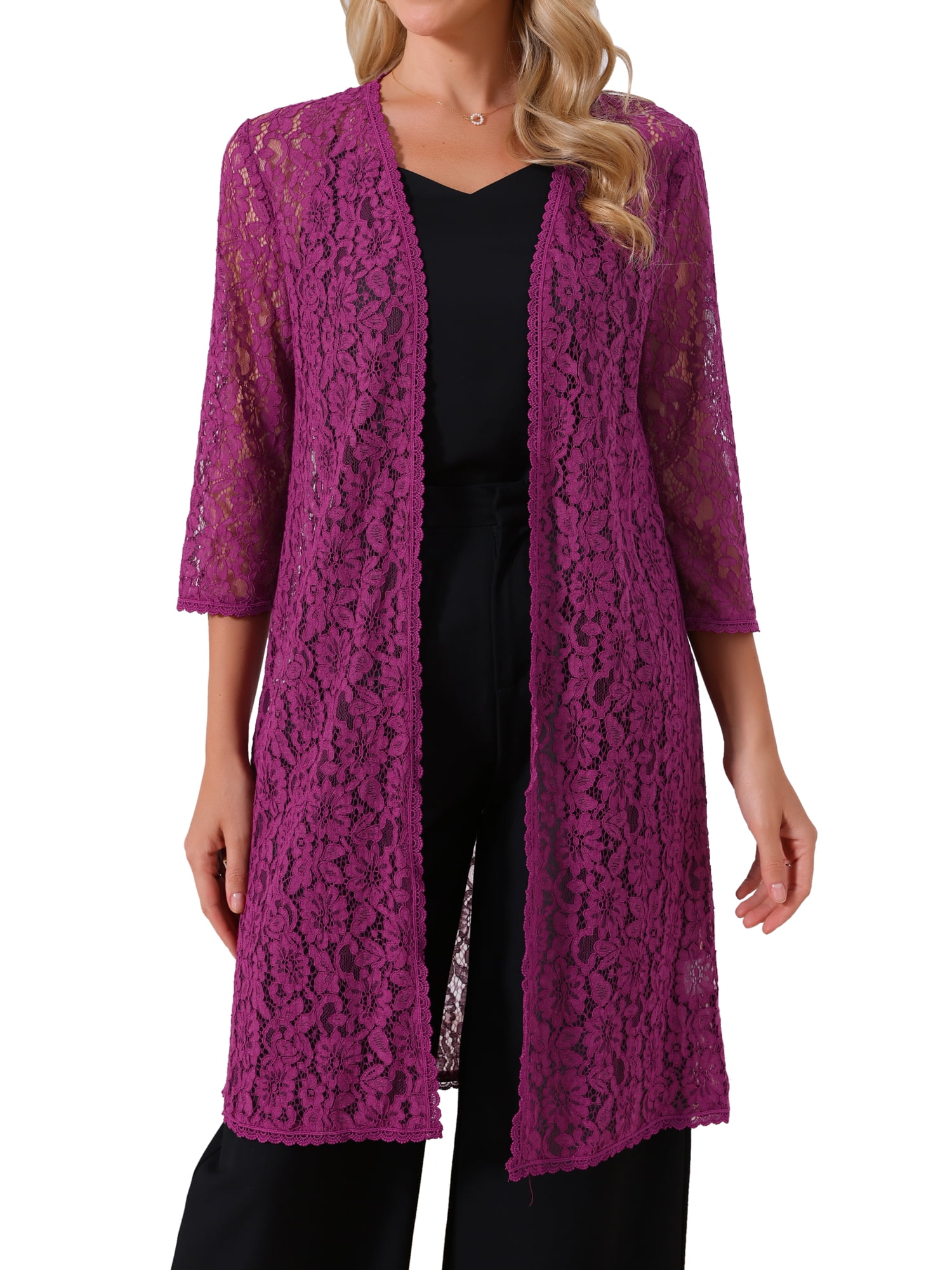 DARING DIVA Lace 3/4 Sleeve Crochet Open Front Long Cardigans M Purple
