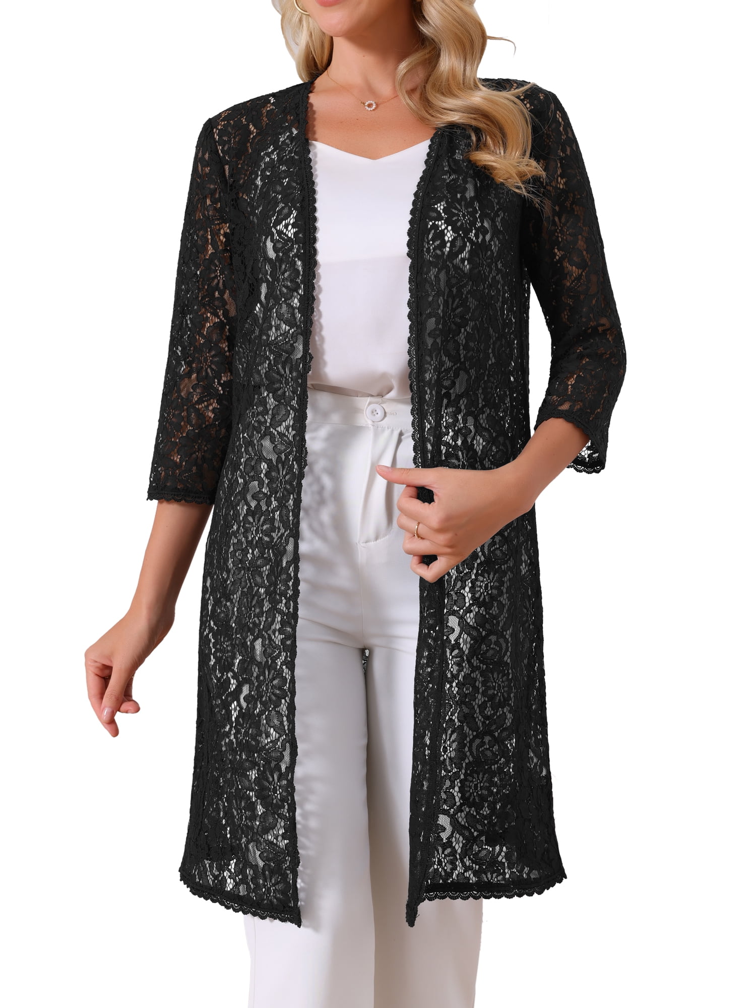 DARING DIVA Lace 3/4 Sleeve Crochet Open Front Long Cardigans S Black