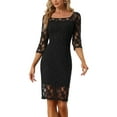 thumbnail image 1 of DARING DIVA Lace 3/4 Sleeve Dress Square Neck Midi Straight Tired L Black, 1 of 6
