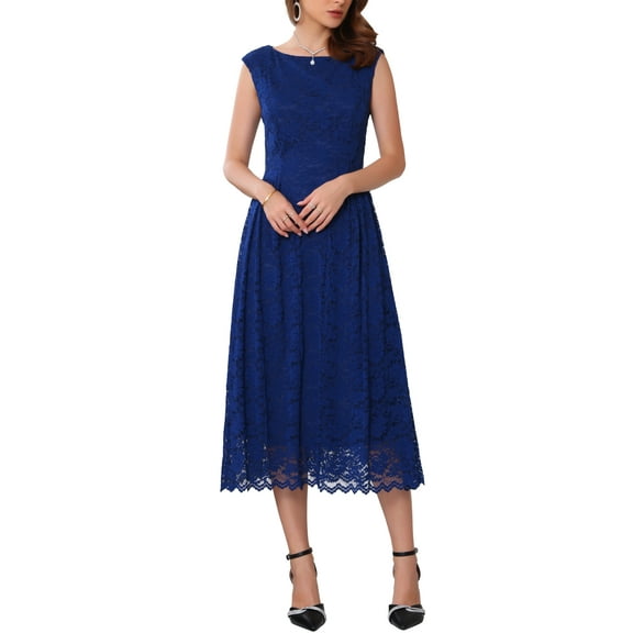 DARING DIVA Lace Boat Neck Vintage Cocktail Midi Dress S Dark Blue