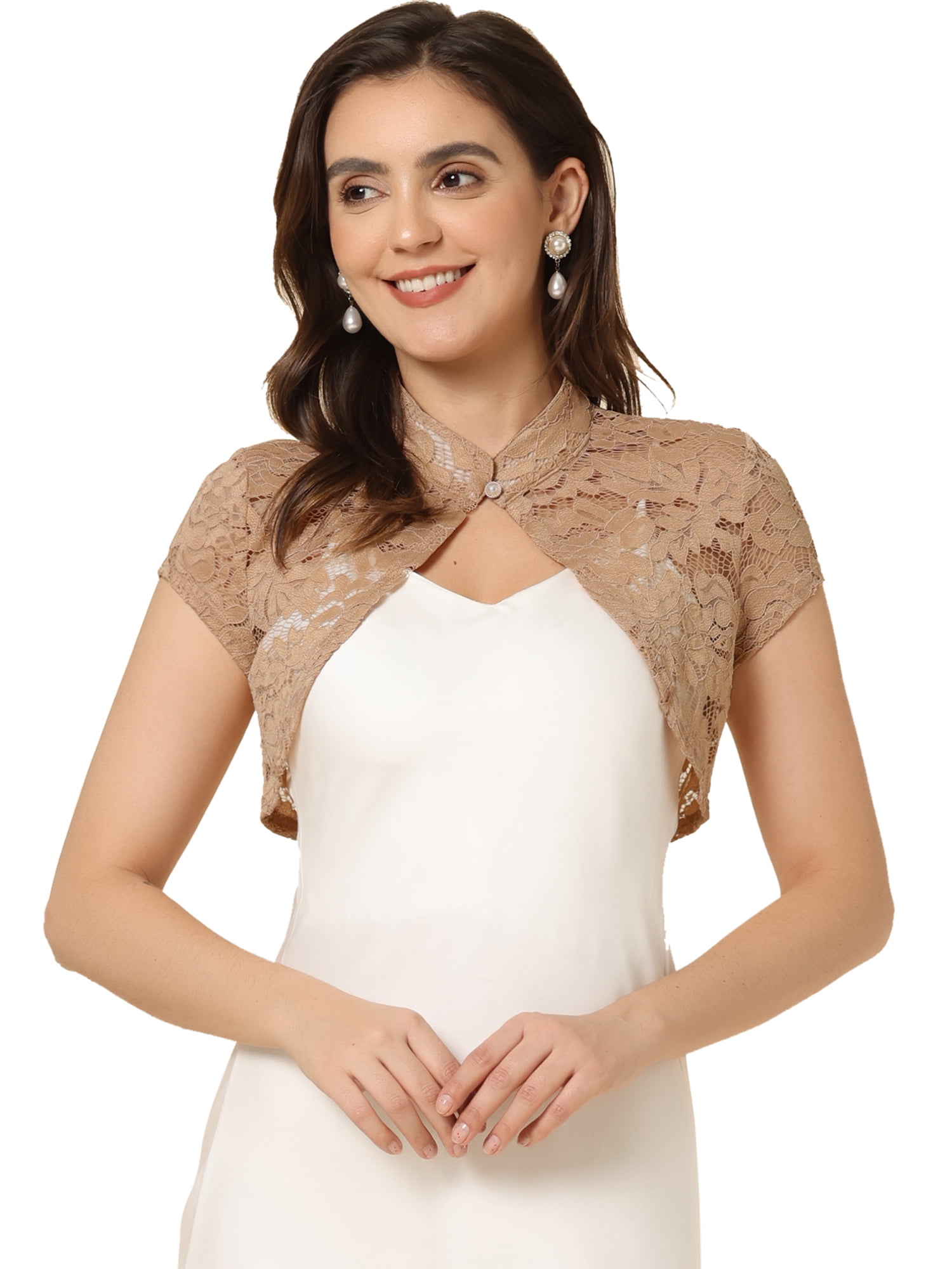 DARING DIVA Lace Cardigan Stand Collar Short Elegant Shrug L Khaki