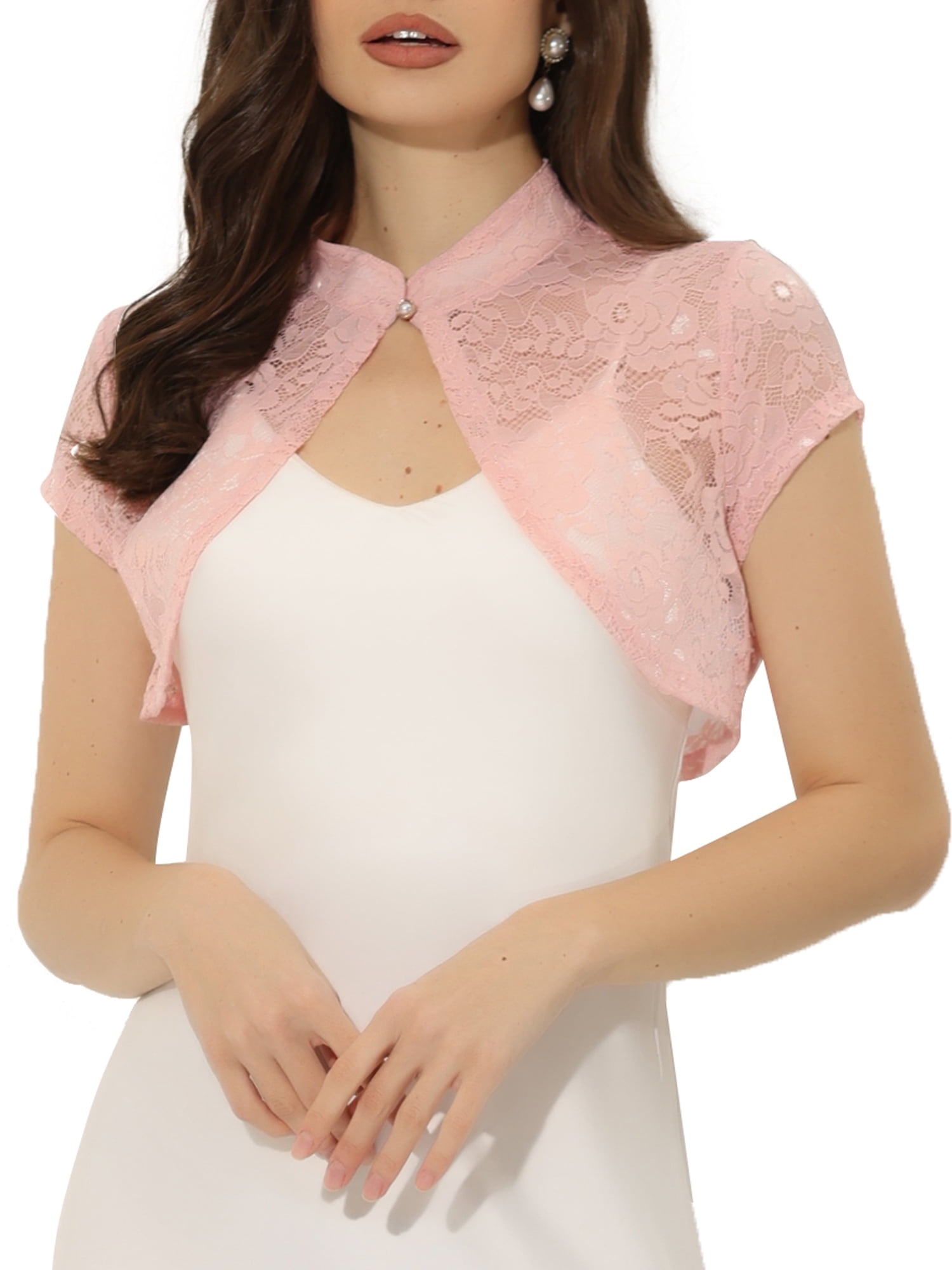 DARING DIVA Lace Cardigan Stand Collar Short Elegant Shrug L Pink